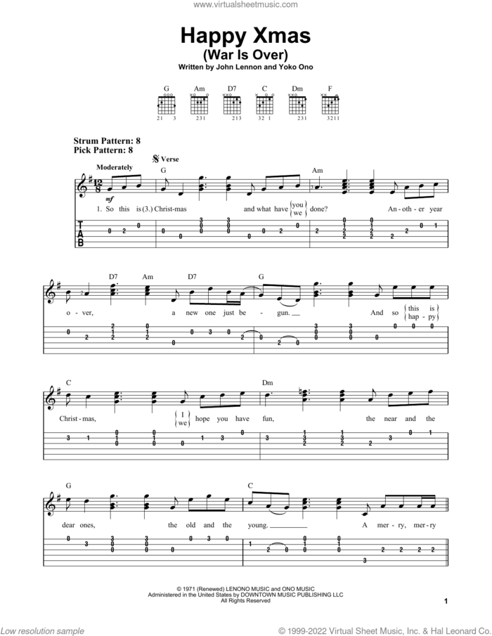 Happy Xmas (War Is Over) sheet music for guitar solo (easy tablature) by John Lennon and Yoko Ono, easy guitar (easy tablature)