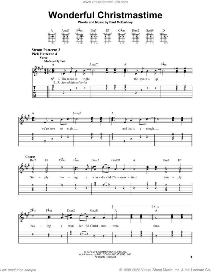 Wonderful Christmastime sheet music for guitar solo (easy tablature) by Paul McCartney, easy guitar (easy tablature)