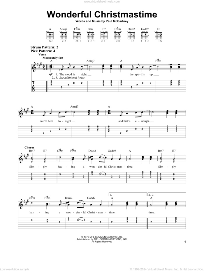 Wonderful Christmastime sheet music for guitar solo (easy tablature) by Paul McCartney, easy guitar (easy tablature)