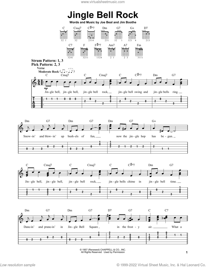 Jingle Bell Rock sheet music for guitar solo (easy tablature) by Bobby Helms, Jim Boothe and Joe Beal, easy guitar (easy tablature)