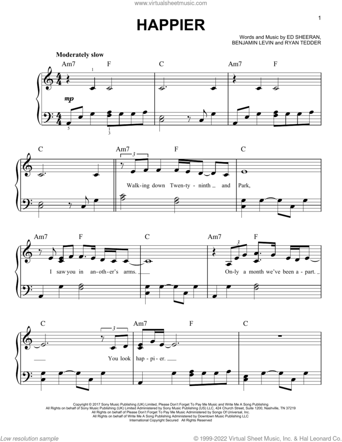Happier sheet music for piano solo by Ed Sheeran, Benjamin Levin and Ryan Tedder, easy skill level