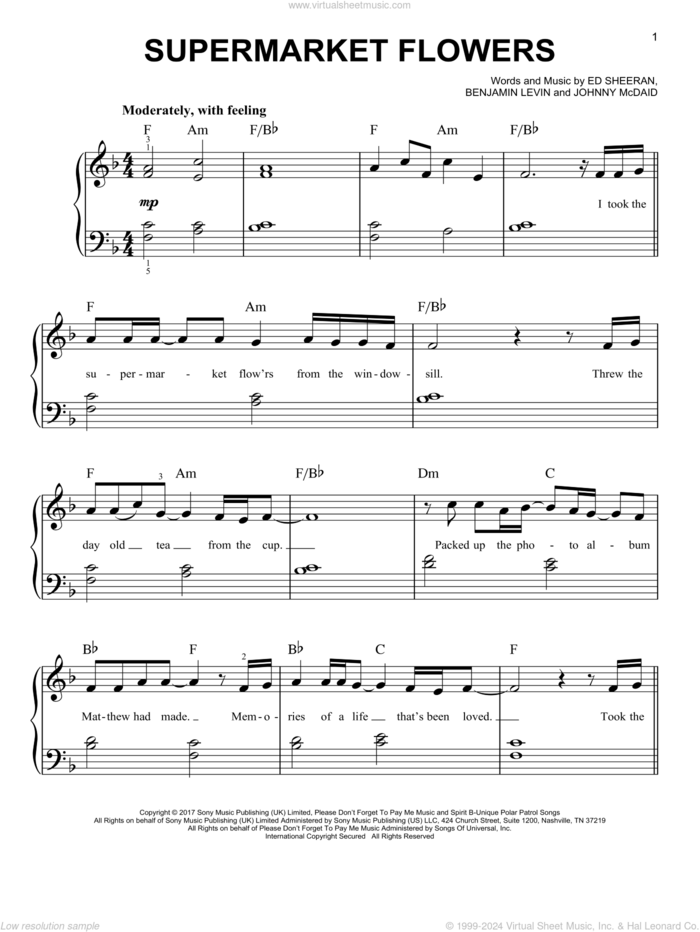 Supermarket Flowers, (easy) sheet music for piano solo by Ed Sheeran, Benjamin Levin and Johnny McDaid, easy skill level