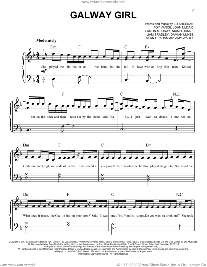 Galway Girl, (easy) sheet music for piano solo by Ed Sheeran, Amy Wadge, Damian McKee, Eamon Murray, Foy Vance, John McDaid, Liam Bradley, Niamh Dunne and Sean Graham, easy skill level
