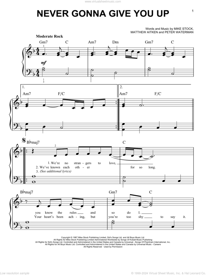 Never Gonna Give You Up sheet music for piano solo by Rick Astley, Matthew Aitken, Mike Stock and Pete Waterman, easy skill level