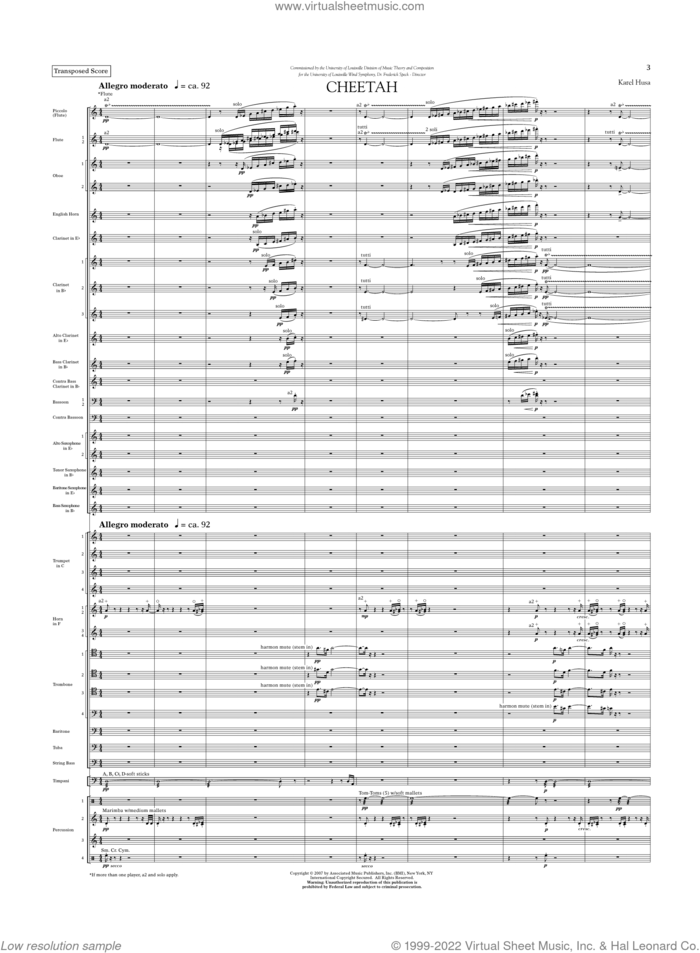Cheetah (Score Only) sheet music for concert band (full score) by Karel Husa, intermediate skill level