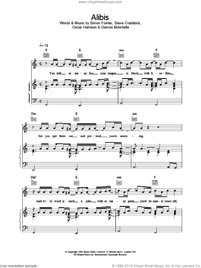 Alibis sheet music for voice, piano or guitar by Ocean Colour Scene, intermediate skill level
