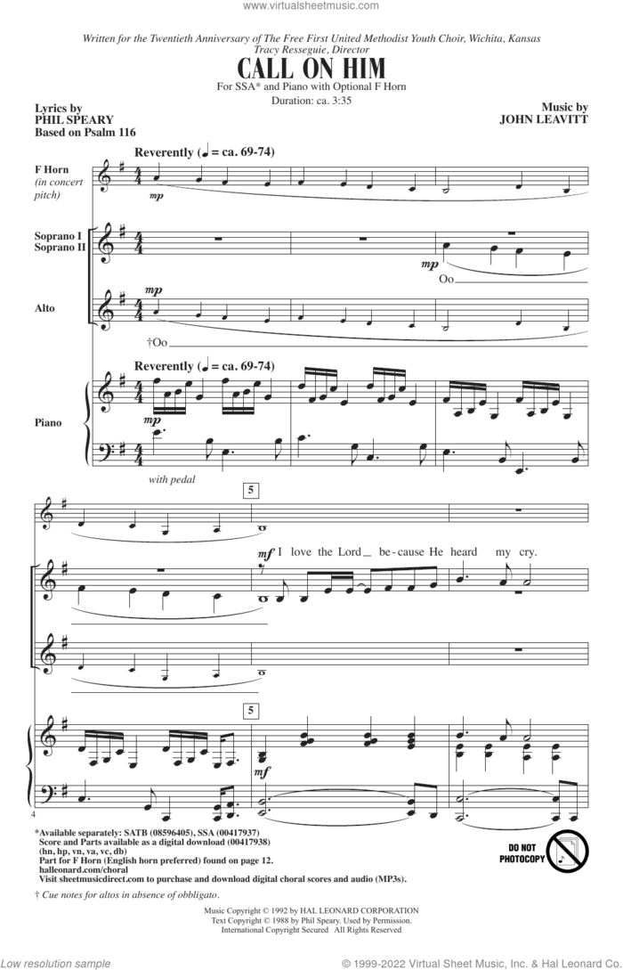 Call On Him sheet music for choir (SSA: soprano, alto) by John Leavitt and Phil Speary and John Leavitt and Phil Speary, intermediate skill level