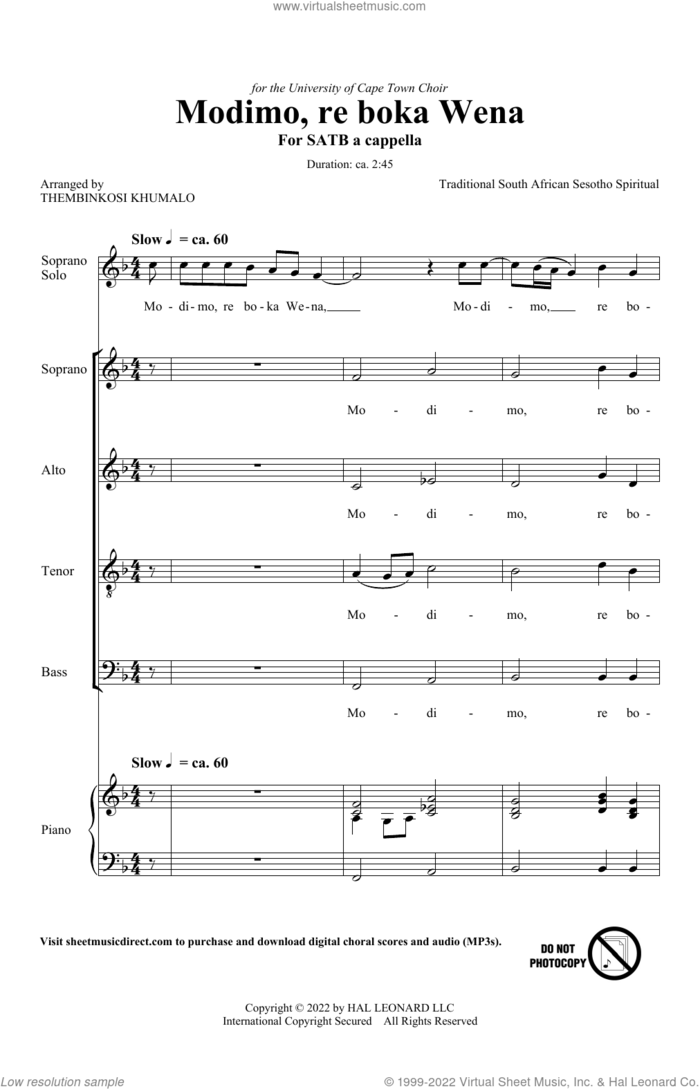 Modimo, re boka Wena (arr. Thembinkosi Khumalo) sheet music for choir (SATB: soprano, alto, tenor, bass) by Traditional South African Folk Song and Thembinkosi Khumalo, intermediate skill level