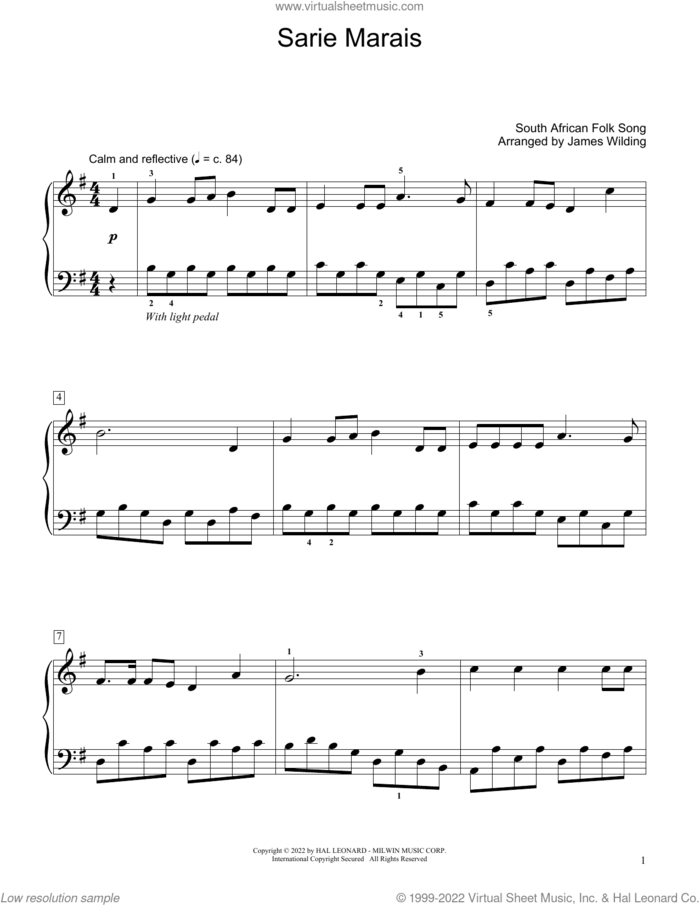 Sarie Marais (arr. James Wilding) sheet music for piano solo (elementary) by South African Folksong and James Wilding, beginner piano (elementary)