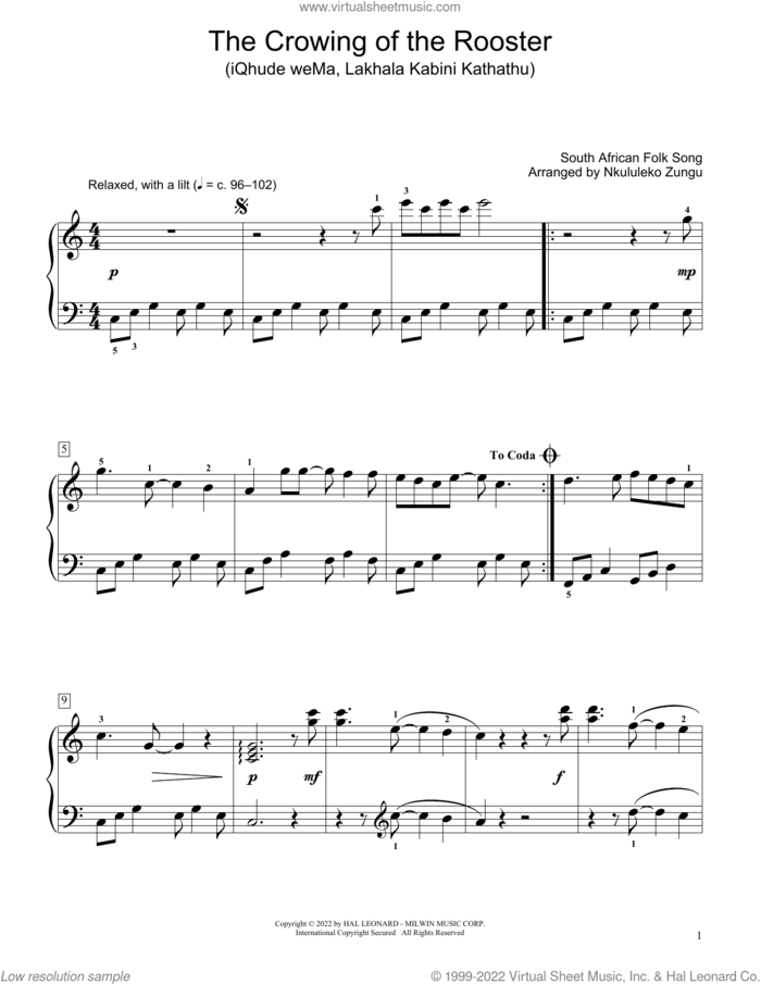The Crowing Of The Rooster (Iqhude Wema, Lakhala Kabini Kathathu) (arr. Nkululeko Zungu) sheet music for piano solo (elementary) by South African Folksong and Nkululeko Zungu, beginner piano (elementary)