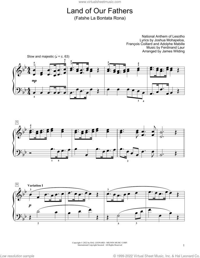 Land Of Our Fathers (Fatshe La Bontata Rona) (arr. James Wilding) sheet music for piano solo (elementary) by National Anthem of Lesotho, James Wilding, Ferdinand Laur, Adolphe Mabille, Francois Coillard and Joshua Mohapeloa, beginner piano (elementary)