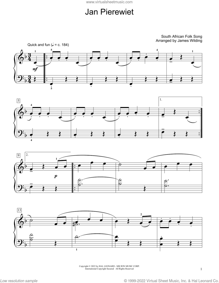 Jan Pierewiet (arr. James Wilding) sheet music for piano solo (elementary) by South African Folksong and James Wilding, beginner piano (elementary)