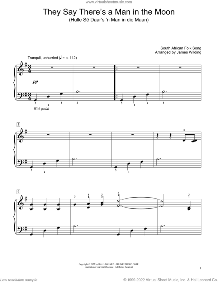 They Say There's A Man In The Moon (Hulle Se Daar's 'N Man In Die Maan) (arr. James Wilding) sheet music for piano solo (elementary) by South African Folksong and James Wilding, beginner piano (elementary)
