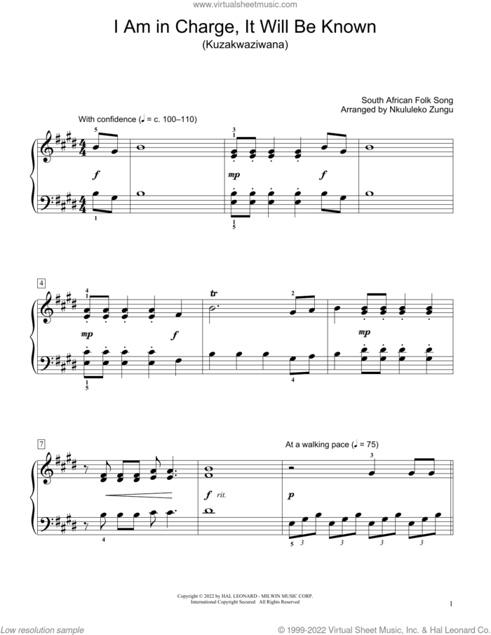 I Am In Charge, It Will Be Known (Kuzakwaziwana) (arr. Nkululeko Zungu) sheet music for piano solo (elementary) by South African Folksong and Nkululeko Zungu, beginner piano (elementary)