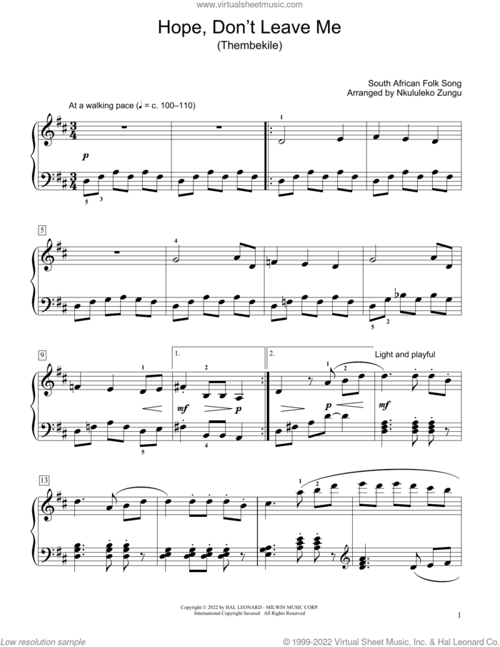 Hope, Don't Leave Me (Thembekile) (arr. Nkululeko Zungu) sheet music for piano solo (elementary) by South African Folksong and Nkululeko Zungu, beginner piano (elementary)