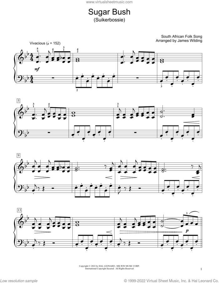 Sugar Bush (Suikerbossie) (arr. James Wilding) sheet music for piano solo (elementary) by South African Folksong and James Wilding, beginner piano (elementary)