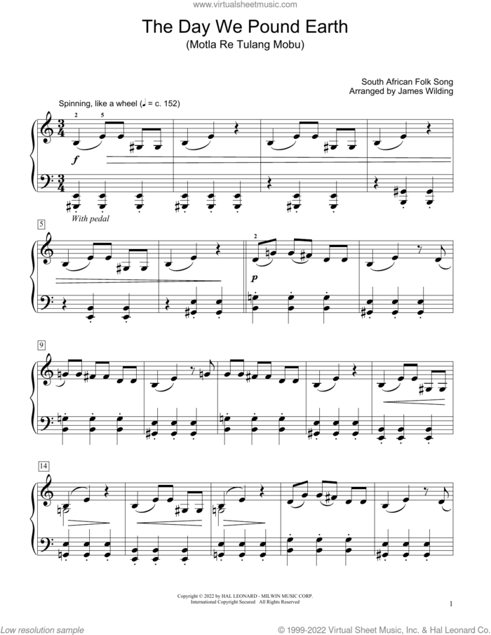 The Day We Pound Earth (Motla Re Tulang Mobu) (arr. James Wilding) sheet music for piano solo (elementary) by South African Folksong and James Wilding, beginner piano (elementary)