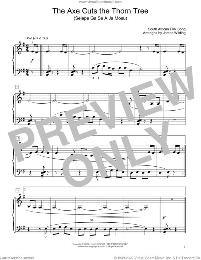 The Axe Cuts The Thorn Tree (Selepe Ga Se A Ja Mosu) (arr. James Wilding) sheet music for piano solo (elementary) by South African Folksong and James Wilding, beginner piano (elementary)