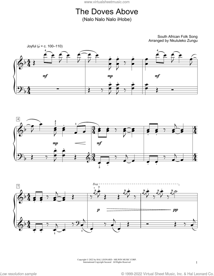 The Doves Above (Nalo Nalo Nalo Ihobe) (arr. Nkululeko Zungu) sheet music for piano solo (elementary) by South African Folksong and Nkululeko Zungu, beginner piano (elementary)