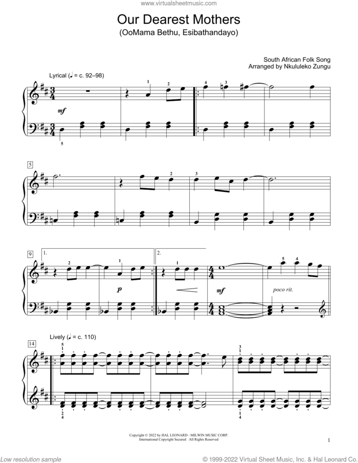 Our Dearest Mothers (Oomama Bethu Esibathandayo) (arr. Nkululeko Zungu) sheet music for piano solo (elementary) by South African Folksong and Nkululeko Zungu, beginner piano (elementary)