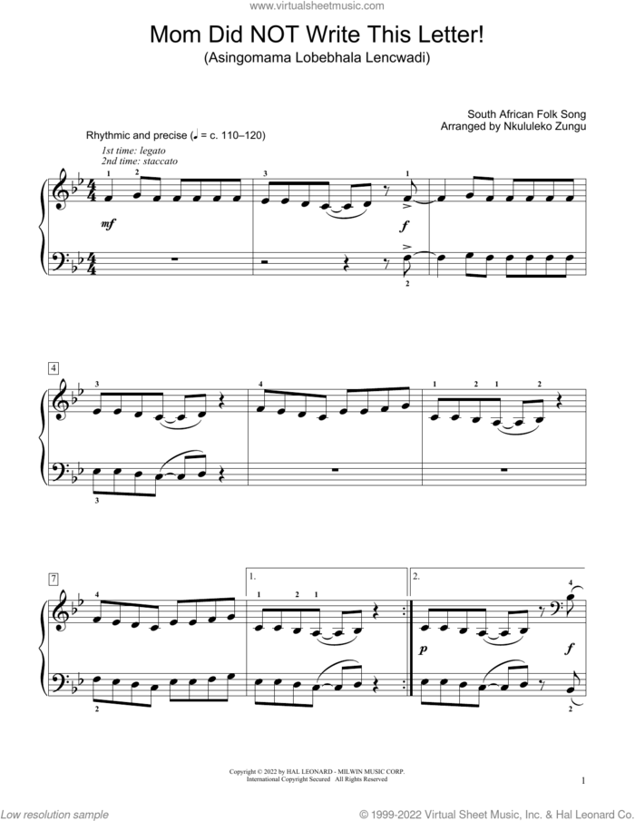 Mom Did Not Write This Letter! (Asingomama Lobebhala Lencwadi) (arr. Nkululeko Zungu) sheet music for piano solo (elementary) by South African Folksong and Nkululeko Zungu, beginner piano (elementary)