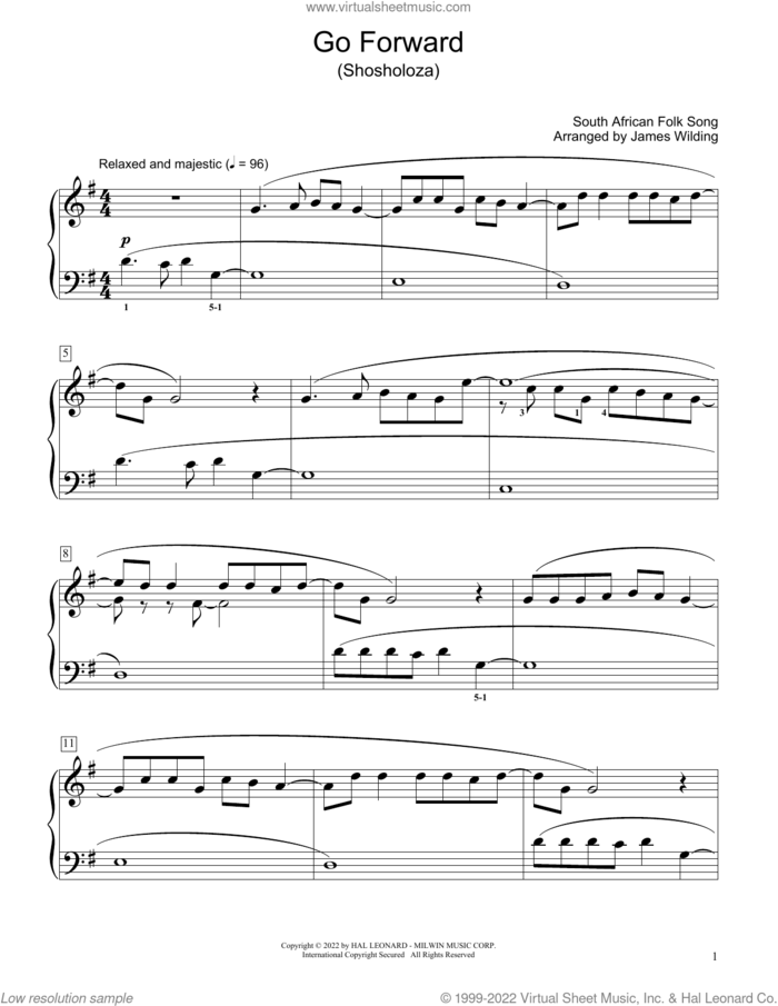 Go Forward (Shosholoza) (arr. James Wilding) sheet music for piano solo (elementary) by South African Folksong and James Wilding, beginner piano (elementary)