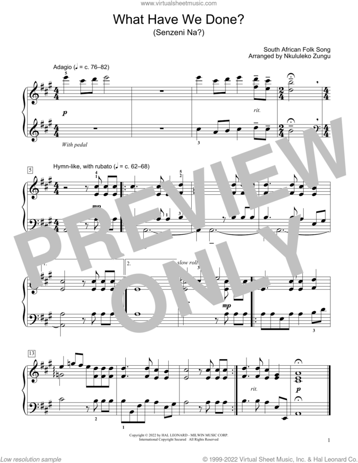 What Have We Done? (Senzeni Na?) (arr. Nkululeko Zungu) sheet music for piano solo (elementary) by South African Folksong and Nkululeko Zungu, beginner piano (elementary)
