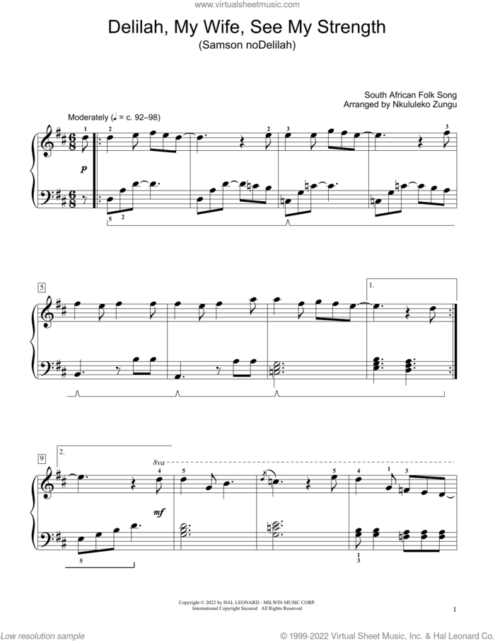 Delilah, My Wife, See My Strength (Samson Nodelilah) (arr. Nkululeko Zungu) sheet music for piano solo (elementary) by South African Folksong and Nkululeko Zungu, beginner piano (elementary)