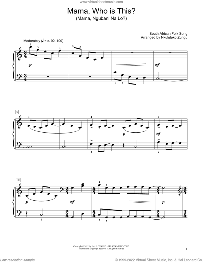 Mama, Who Is This? (Mama Ngubani Na Lo) (arr. Nkululeko Zungu) sheet music for piano solo (elementary) by South African Folksong and Nkululeko Zungu, beginner piano (elementary)