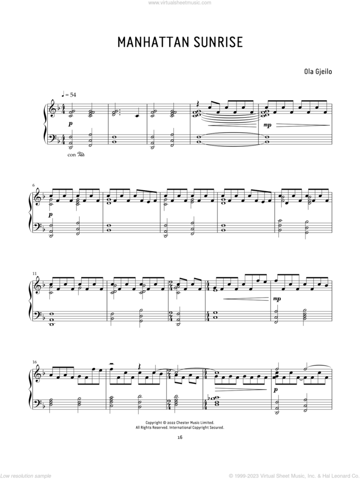 Manhattan Sunrise sheet music for piano solo by Ola Gjeilo, classical score, intermediate skill level