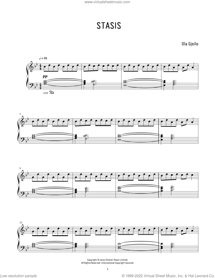Stasis sheet music for piano solo by Ola Gjeilo, classical score, intermediate skill level