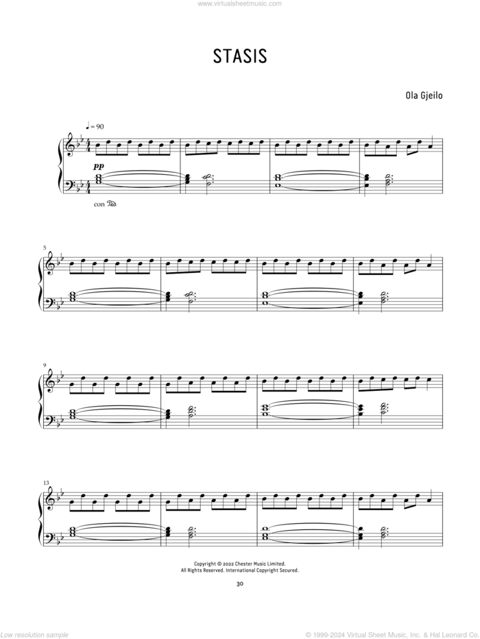 Stasis sheet music for piano solo by Ola Gjeilo, classical score, intermediate skill level