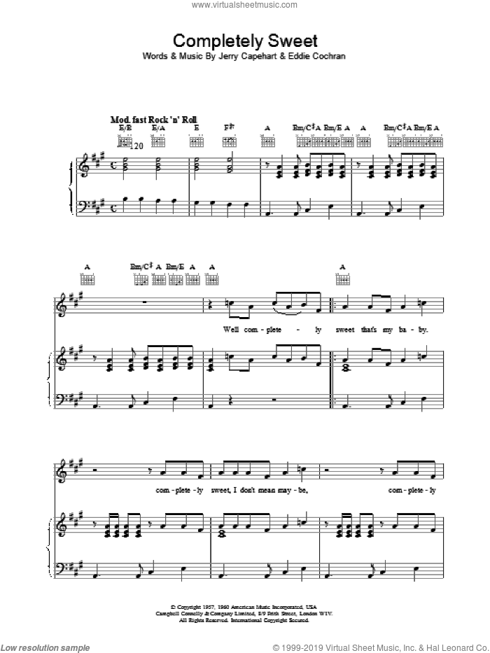 Completely Sweet sheet music for voice, piano or guitar by Eddie Cochran, intermediate skill level