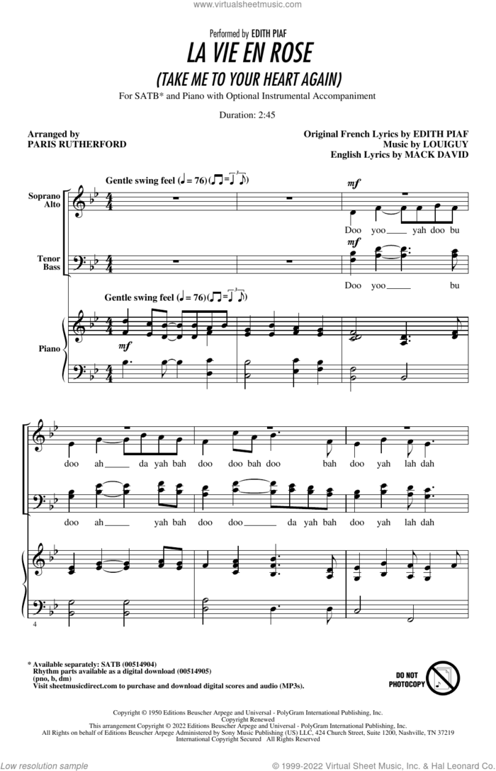 La Vie En Rose (Take Me To Your Heart Again) (arr. Paris Rutherford) sheet music for choir (SATB: soprano, alto, tenor, bass) by Édith Piaf, Paris Rutherford, Mack David and Marcel Louiguy, intermediate skill level