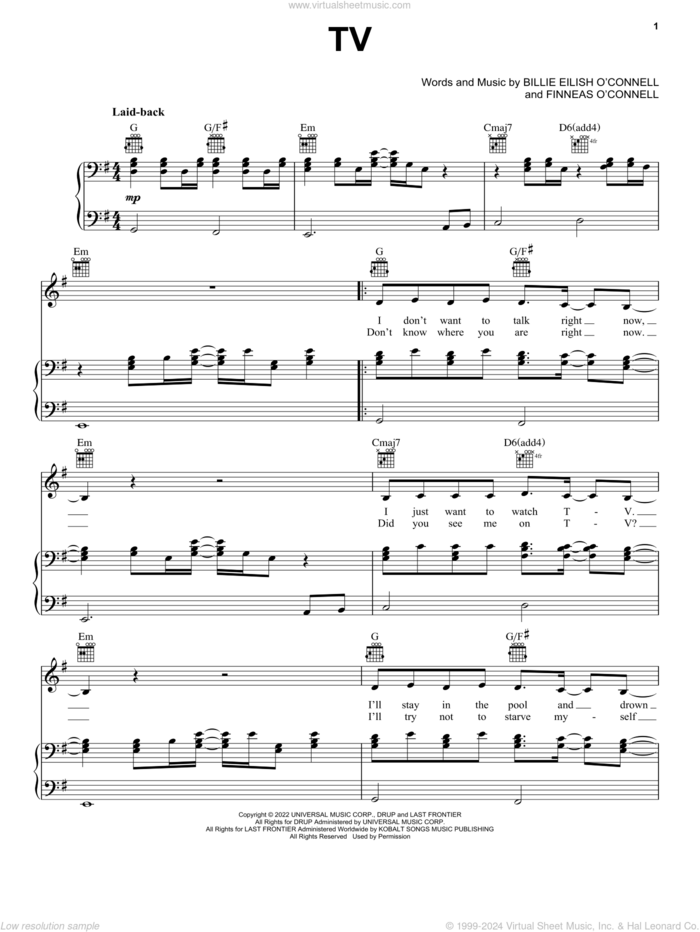 TV sheet music for voice, piano or guitar by Billie Eilish, intermediate skill level