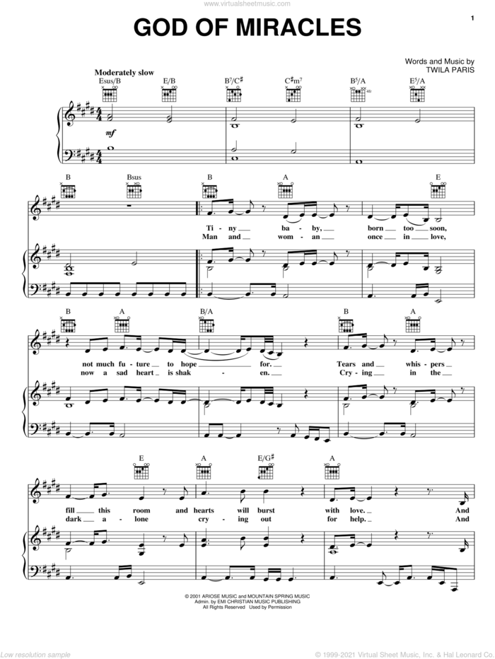God Of Miracles sheet music for voice, piano or guitar by Twila Paris, intermediate skill level