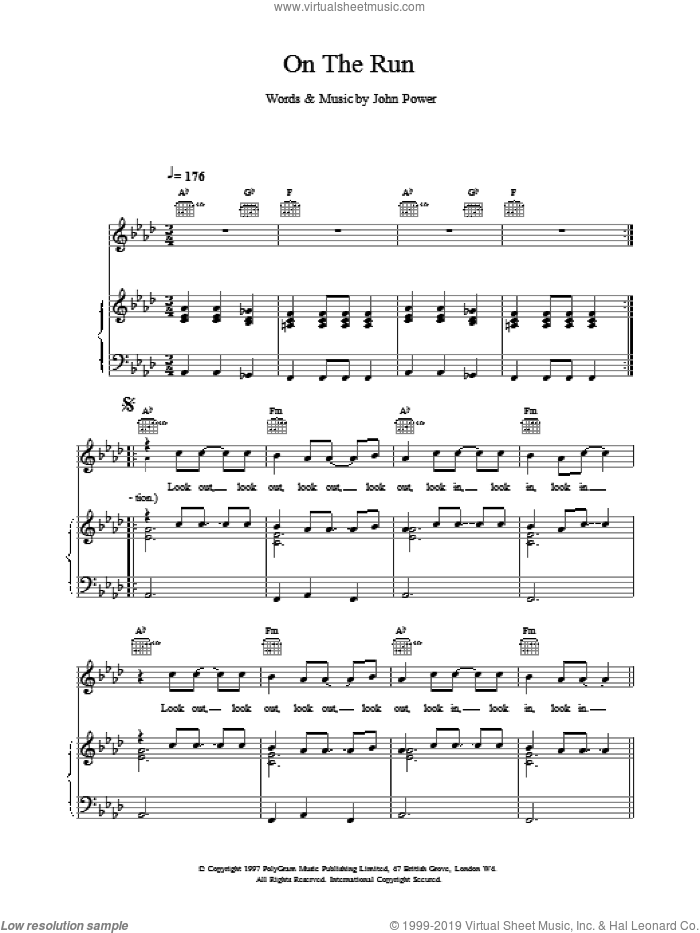 On The Run sheet music for voice, piano or guitar by John Power, intermediate skill level