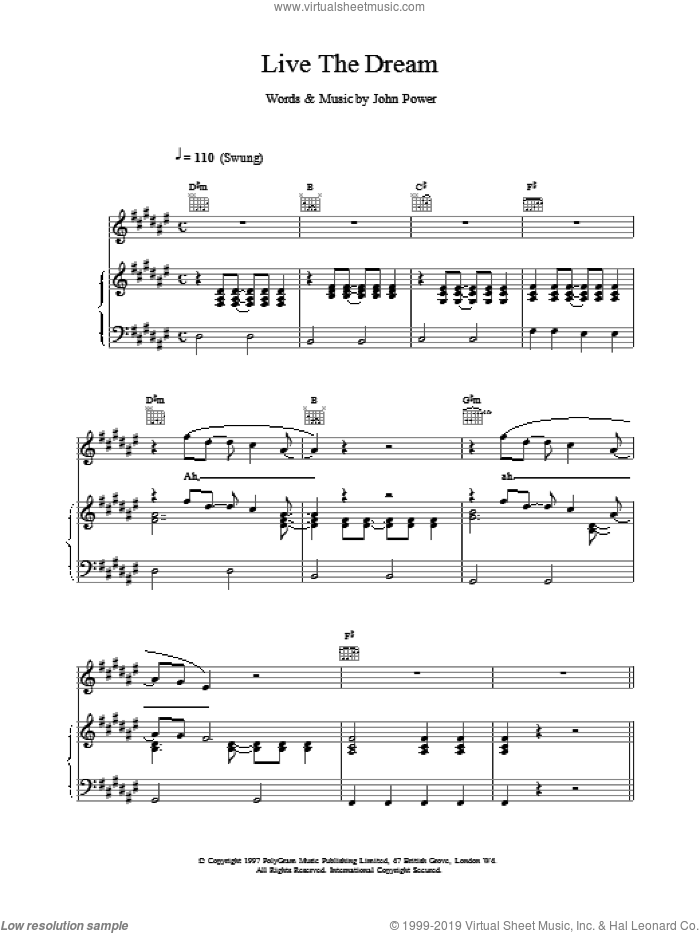 Live The Dream sheet music for voice, piano or guitar by John Power, intermediate skill level