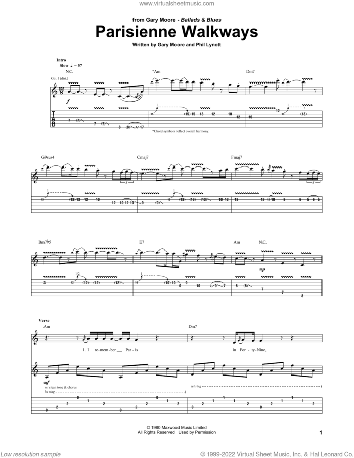 Parisienne Walkways sheet music for guitar (tablature) by Gary Moore and Phil Lynott, intermediate skill level