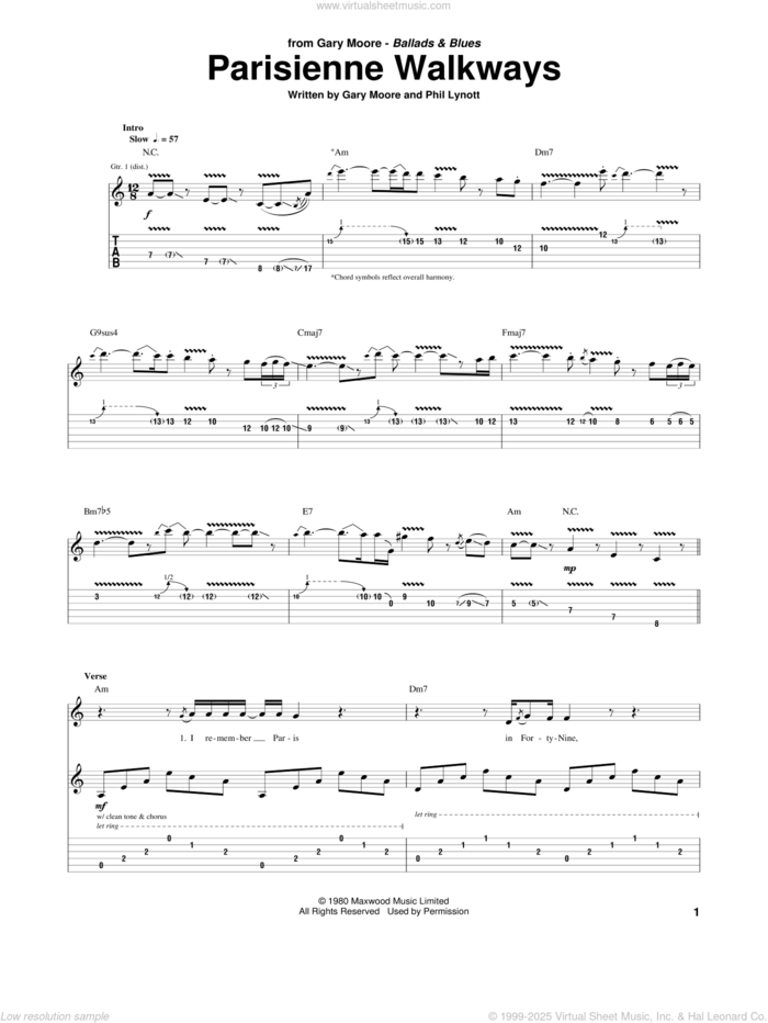 Parisienne Walkways sheet music for guitar (tablature) by Gary Moore and Phil Lynott, intermediate skill level