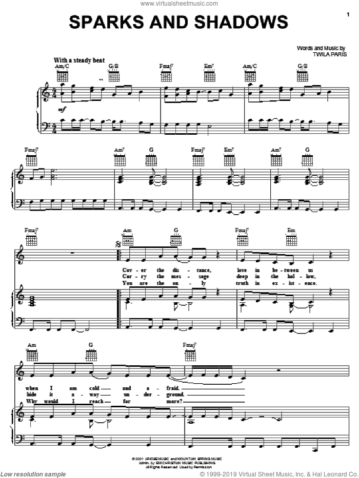 Sparks and Shadows sheet music for voice, piano or guitar by Twila Paris, intermediate skill level