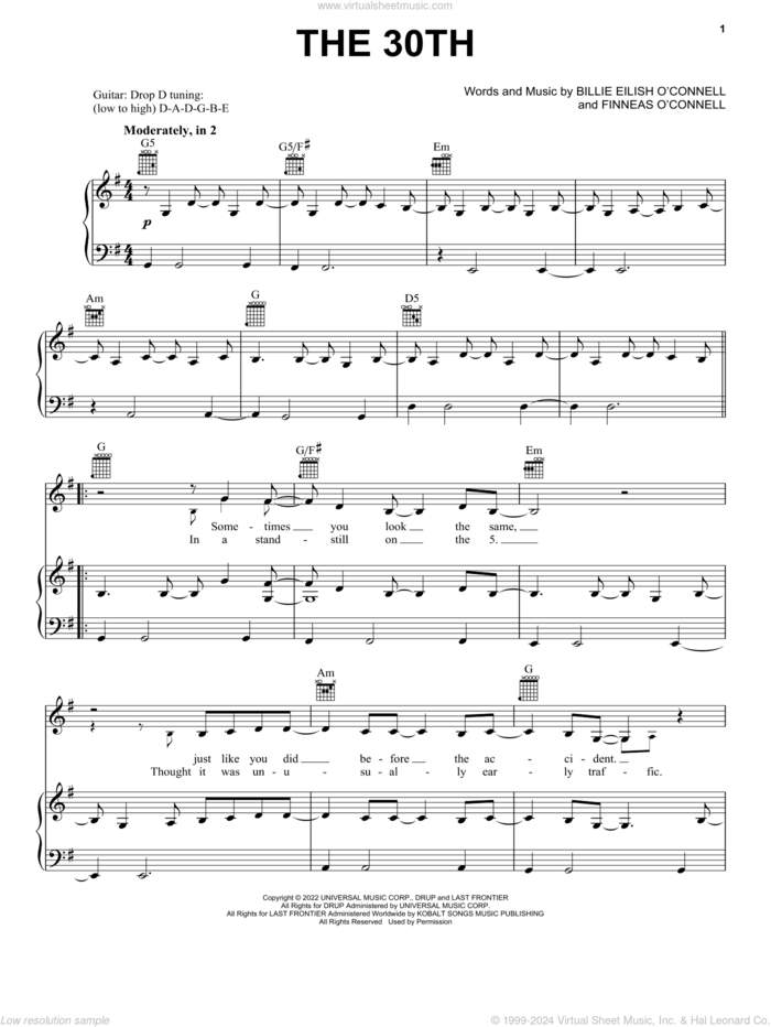 The 30th sheet music for voice, piano or guitar by Billie Eilish, intermediate skill level