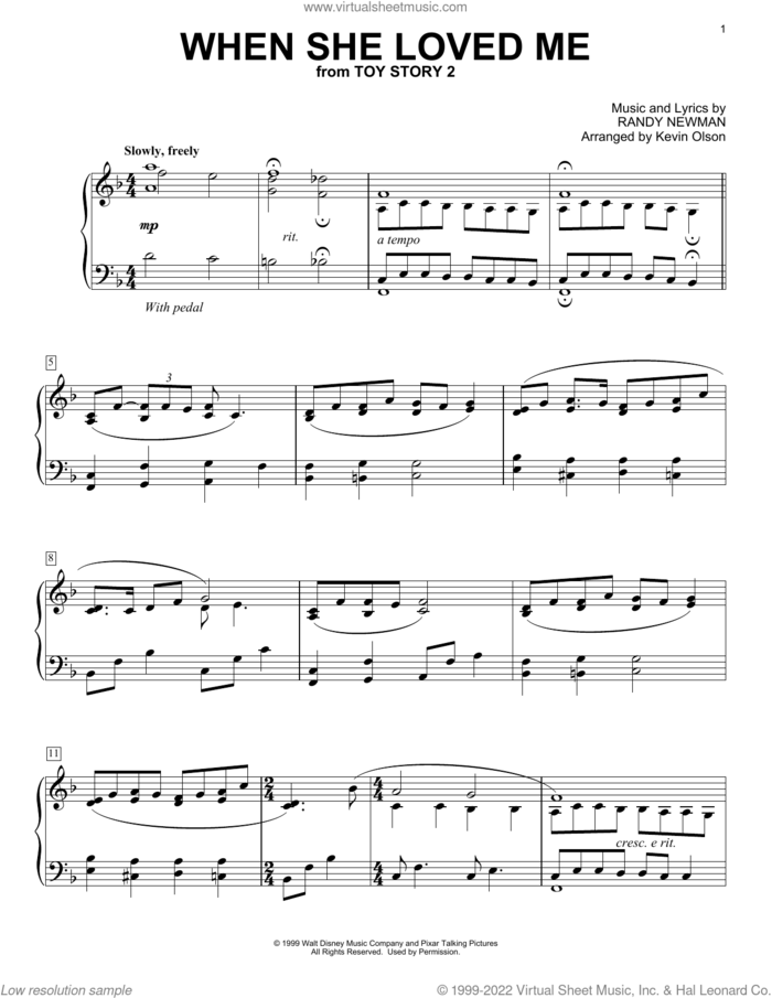 When She Loved Me (from Toy Story 2) (arr. Kevin Olson) sheet music for voice and other instruments (E-Z Play) by Sarah McLachlan, Kevin Olson and Randy Newman, easy skill level