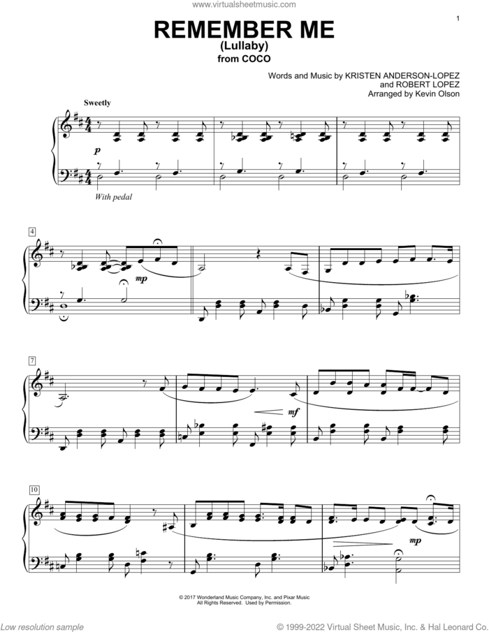 Remember Me (Lullaby) (from Coco) (arr. Kevin Olson) sheet music for voice and other instruments (E-Z Play) by Kristen Anderson-Lopez & Robert Lopez, Kevin Olson, Kristen Anderson-Lopez and Robert Lopez, easy skill level