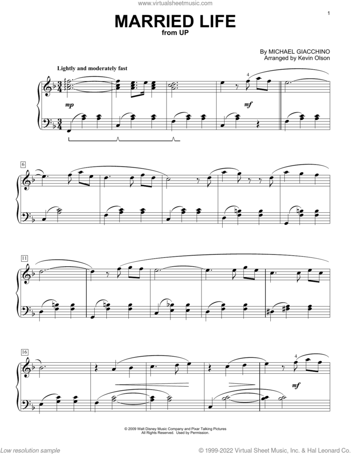 Married Life (from Up) (arr. Kevin Olson) sheet music for for piano solo by Michael Giacchino and Kevin Olson, easy skill level