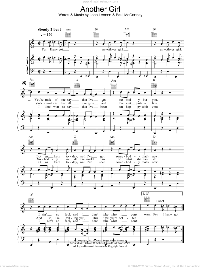 Another Girl sheet music for voice, piano or guitar by The Beatles, intermediate skill level