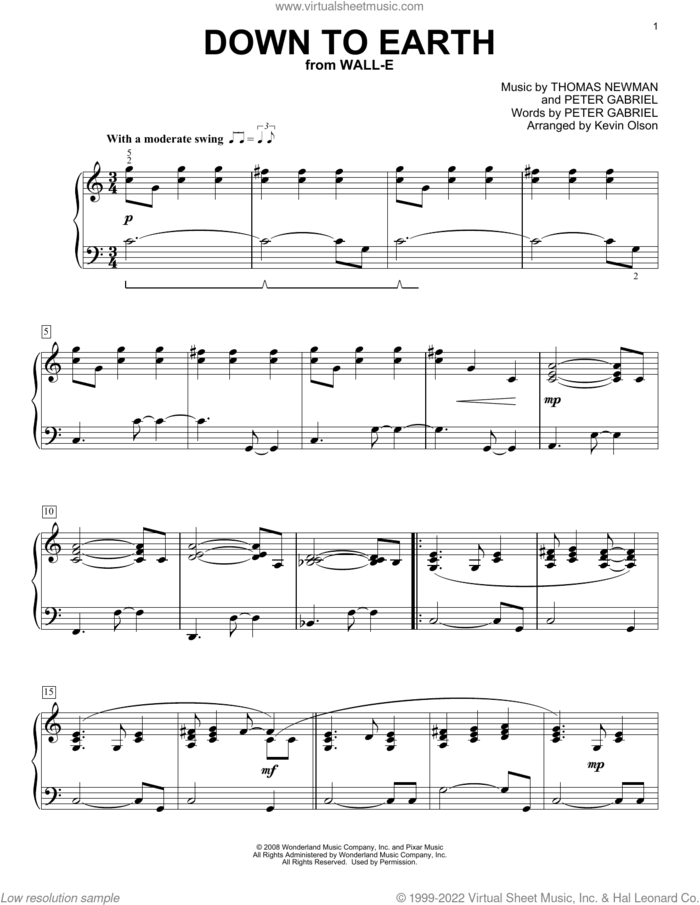 Down To Earth (from WALL-E) (arr. Kevin Olson) sheet music for voice and other instruments (E-Z Play) by Peter Gabriel, Kevin Olson and Thomas Newman, easy skill level