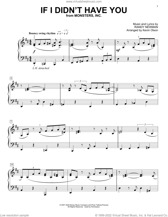 If I Didn't Have You (from Monsters, Inc.) (arr. Kevin Olson) sheet music for voice and other instruments (E-Z Play) by Billy Crystal and John Goodman, Kevin Olson and Randy Newman, easy skill level