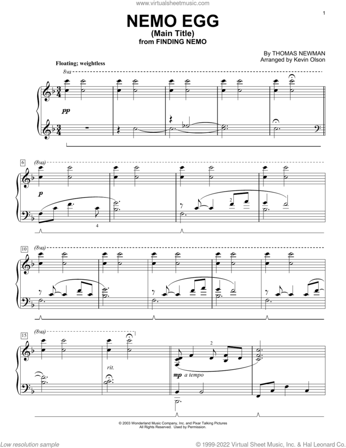 Nemo Egg (Main Title) (from Finding Nemo) (arr. Kevin Olson) sheet music for voice and other instruments (E-Z Play) by Thomas Newman and Kevin Olson, easy skill level