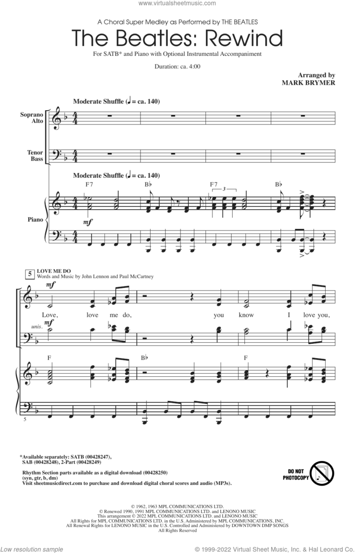 The Beatles: Rewind (Medley) (arr. Mark Brymer) sheet music for choir (SATB: soprano, alto, tenor, bass) by The Beatles, Mark Brymer, George Harrison, John Lennon and Paul McCartney, intermediate skill level